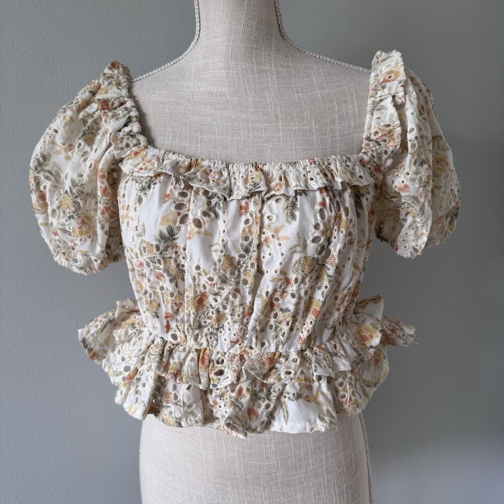 En Saison Blouse Yellow Eyelet Floral Off Shoulder Short Sleeve Crop Size M